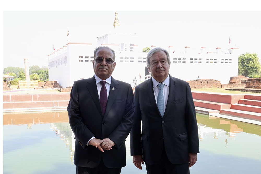 PM Dahal welcomes UN Secretary General Guterres in Lumbini